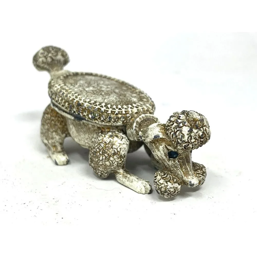 Vintage Florenza Metal Ormolu Poodle Dog Pill Trinket Box Topaz Rhinestone Eyes
